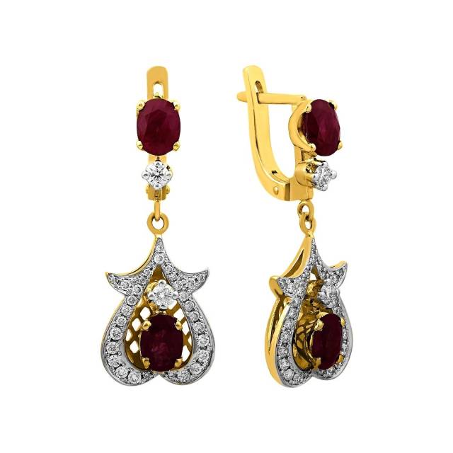 Серьги из комбинированного золота с бриллиантами и рубинами (025822)