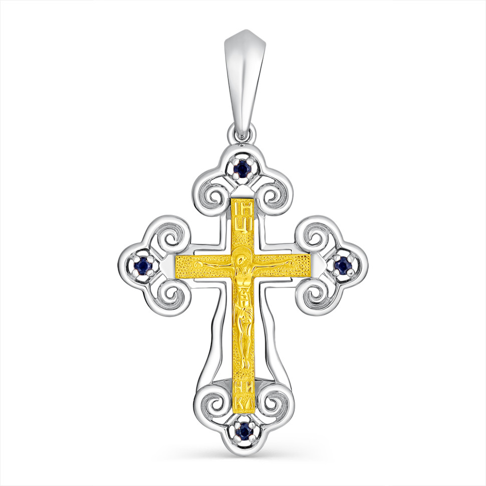 Кулон крест из комбинированного золота с сапфирами (061339)