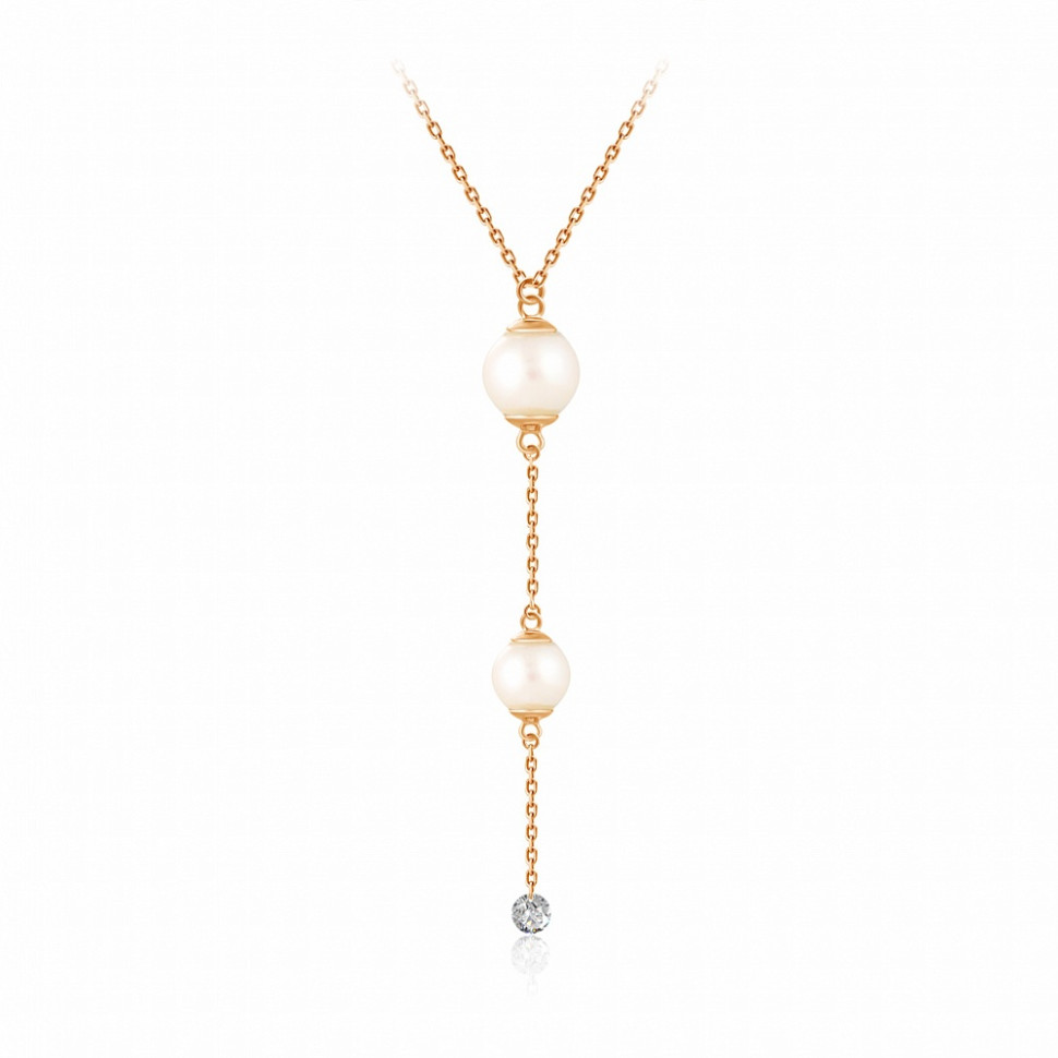 Колье из красного золота с бриллиантом и жемчугом Акойя (047748)