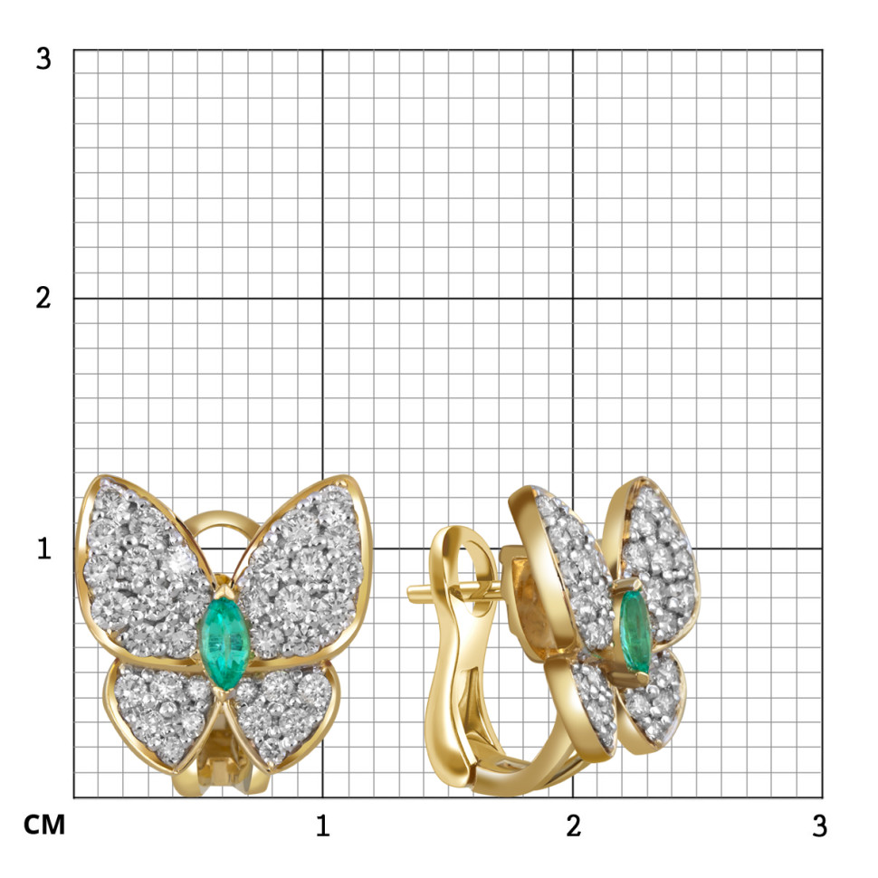Серьги из желтого золота с бриллиантами и изумрудами 