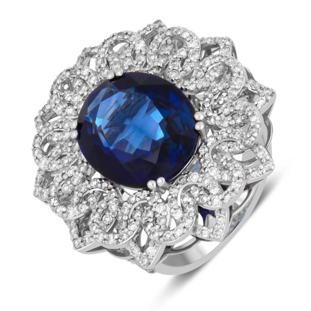 Кольцо из белого золота с бриллиантами и сапфиром (055750)