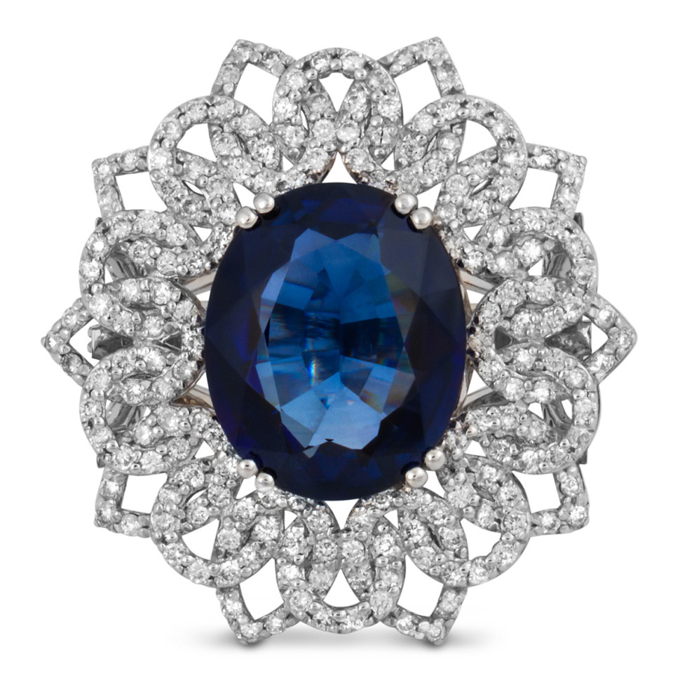 Кольцо из белого золота с бриллиантами и сапфиром (055750)