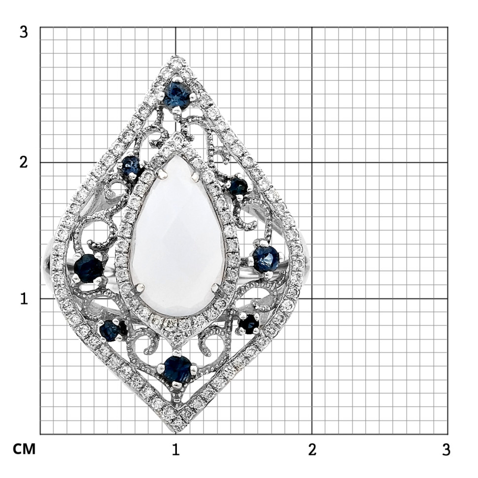 Кольцо из белого золота с бриллиантами, сапфирами и халцедоном (003953)