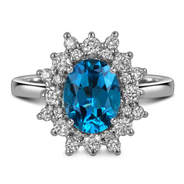 Кольцо из белого золота с бриллиантами и лондон топазом (060357)