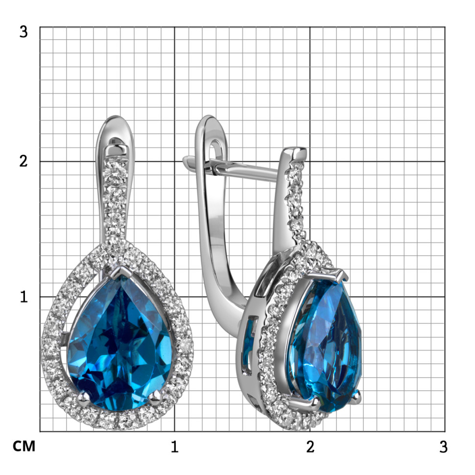 Серьги из белого золота с бриллиантами и лондон топазами (060362)