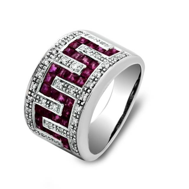 Кольцо из белого золота с бриллиантами и рубинами (020974)