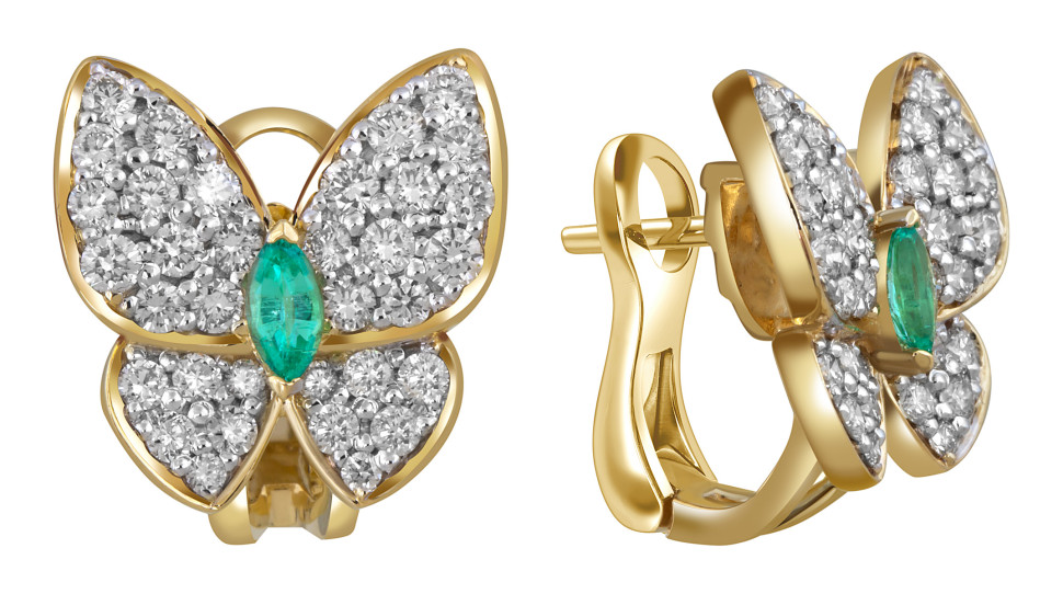 Серьги из жёлтого золота с бриллиантами и изумрудами 