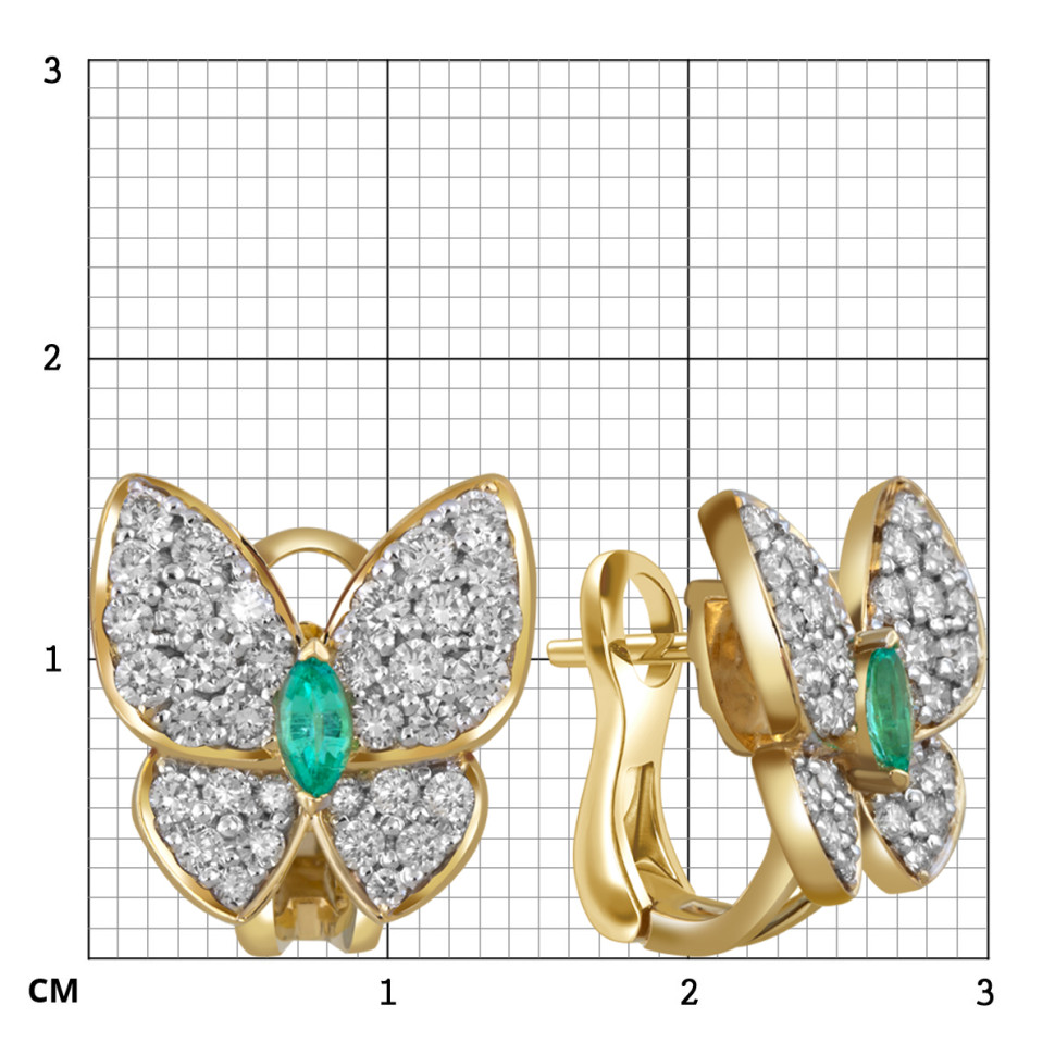 Серьги из жёлтого золота с бриллиантами и изумрудами 