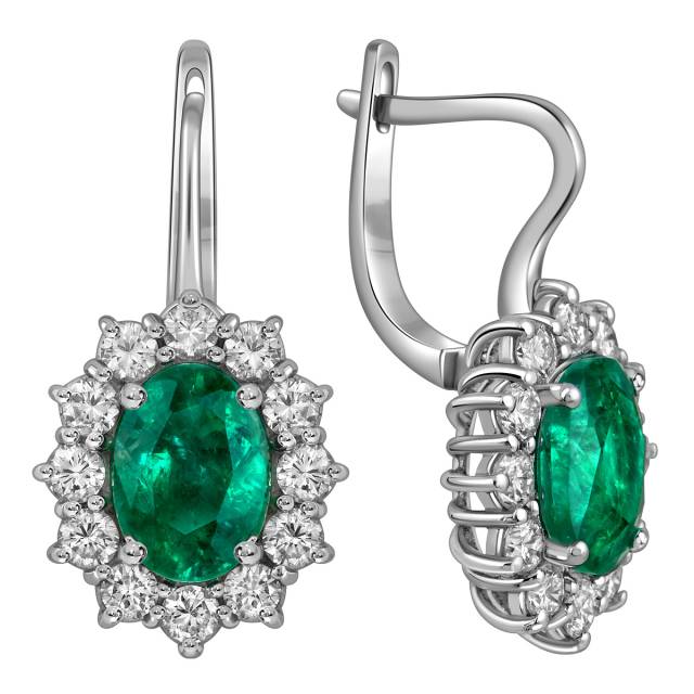 Серьги из белого золота с бриллиантами и изумрудами (025187)