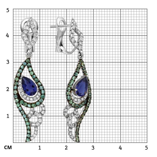 Серьги из белого золота с бриллиантами, иолитами и голубыми гранатами (011391)