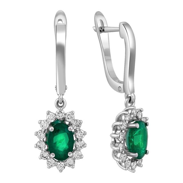 Серьги из белого золота с бриллиантами и изумрудами (063169)