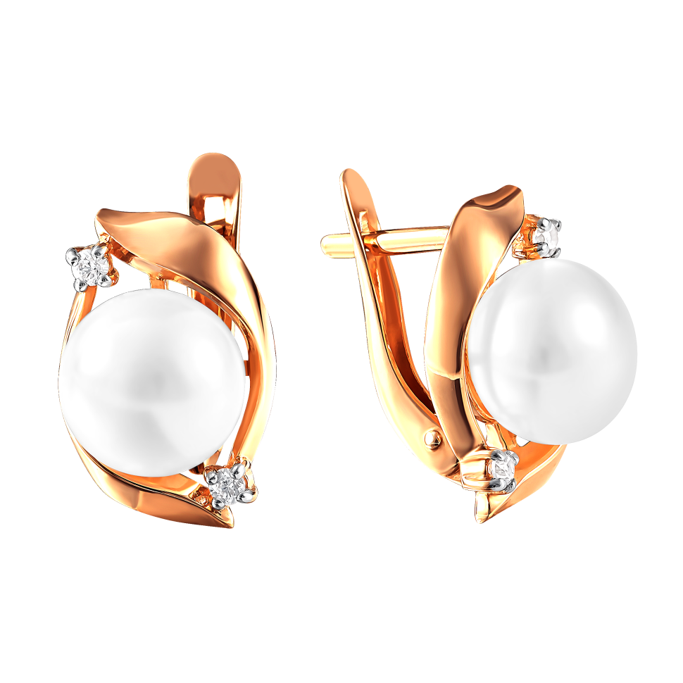 Серьги из красного золота с жемчугом и фианитами (041800)