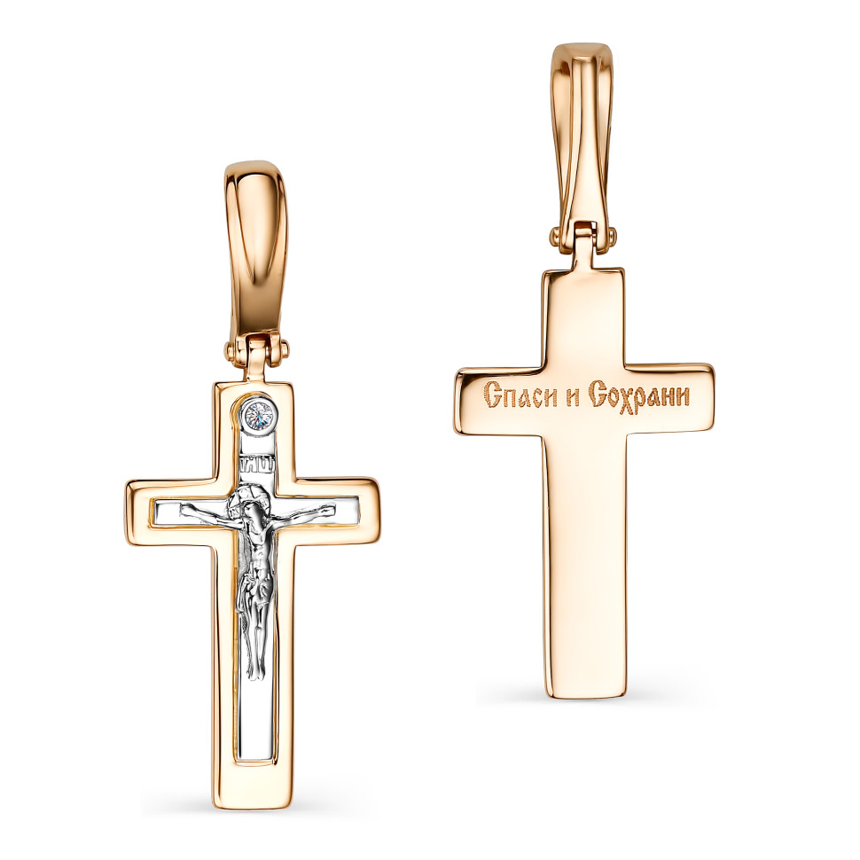 Кулон крест из комбинированного золота с бриллиантом (050339)
