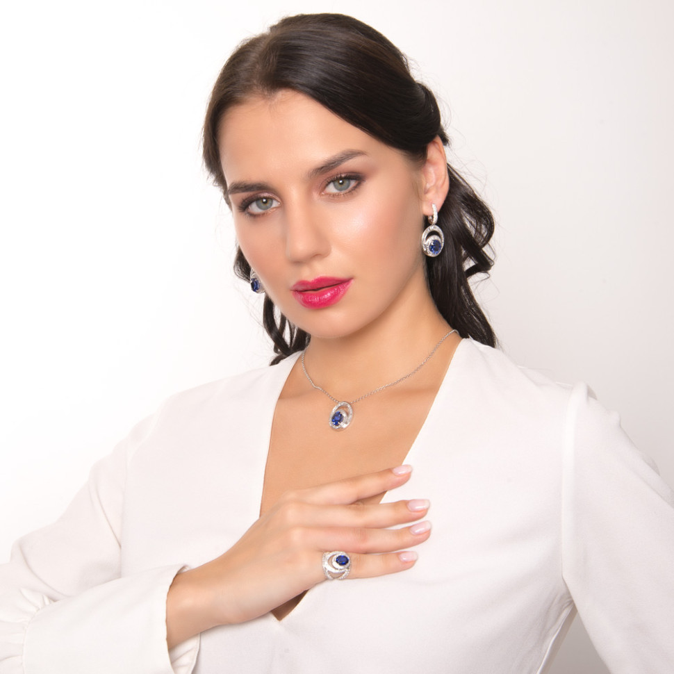 Серьги из белого золота 750 пробы с бриллиантами и сапфирами (046829)